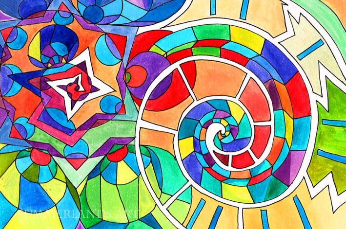 Stained Glass Spiral - abstract painting pen and watercolour dyes